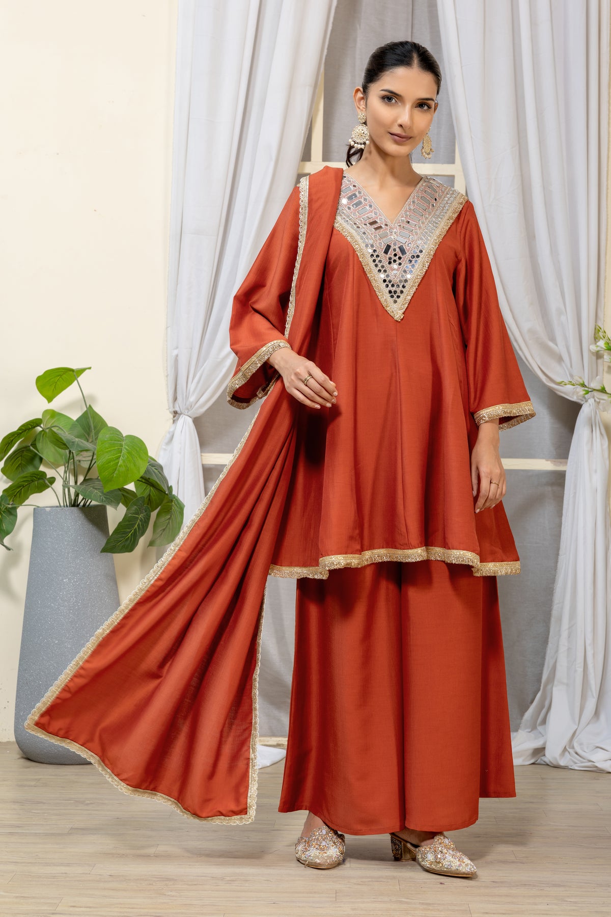 Rust Orange Embellished Kurta Palazzo Suit Set with Dupatta