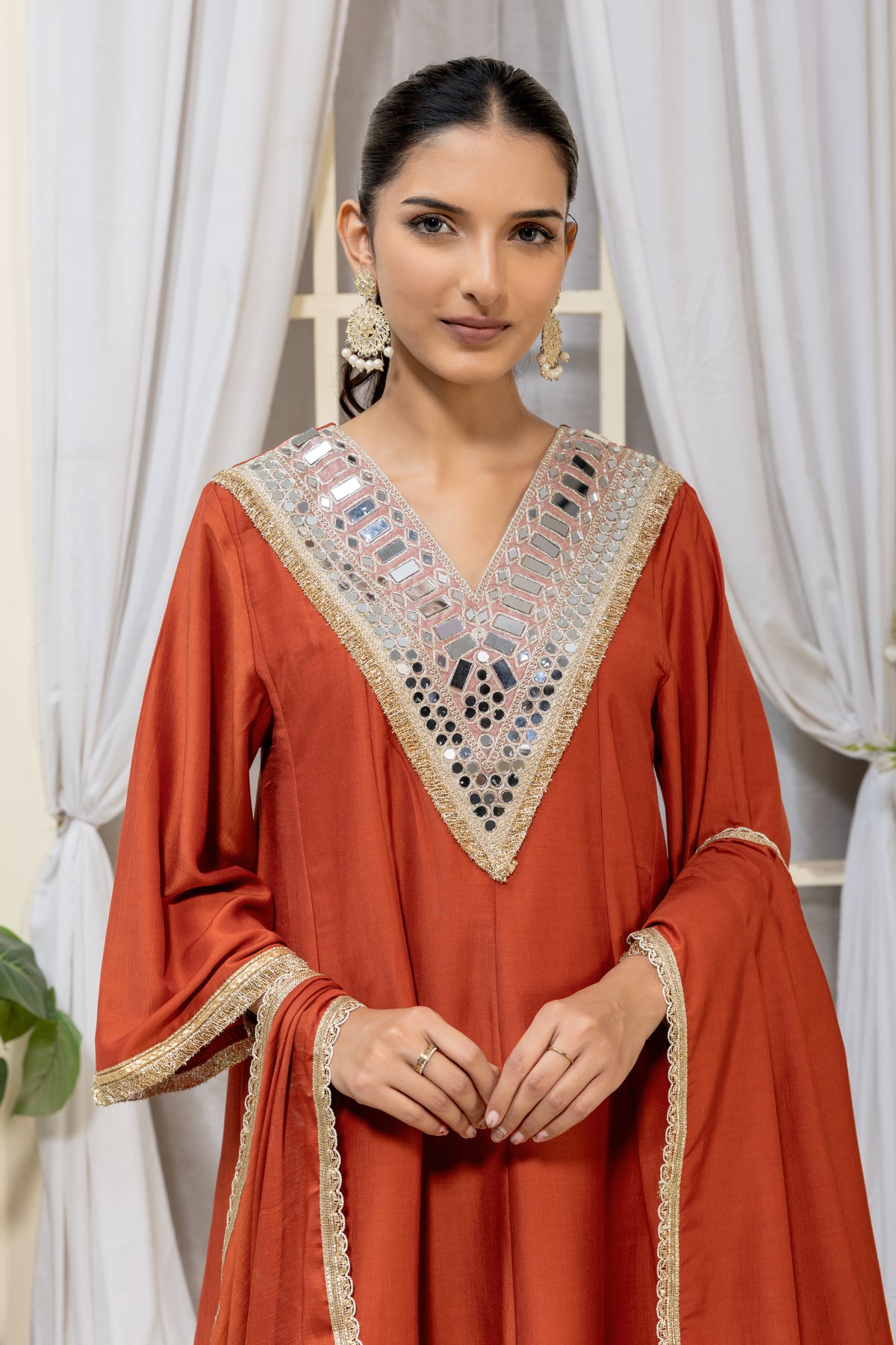 Rust Orange Embellished Kurta Palazzo Suit Set with Dupatta