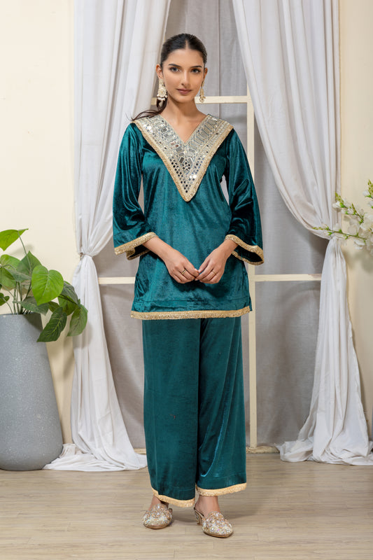 Teal Velvet Embellished Co-Ord Set