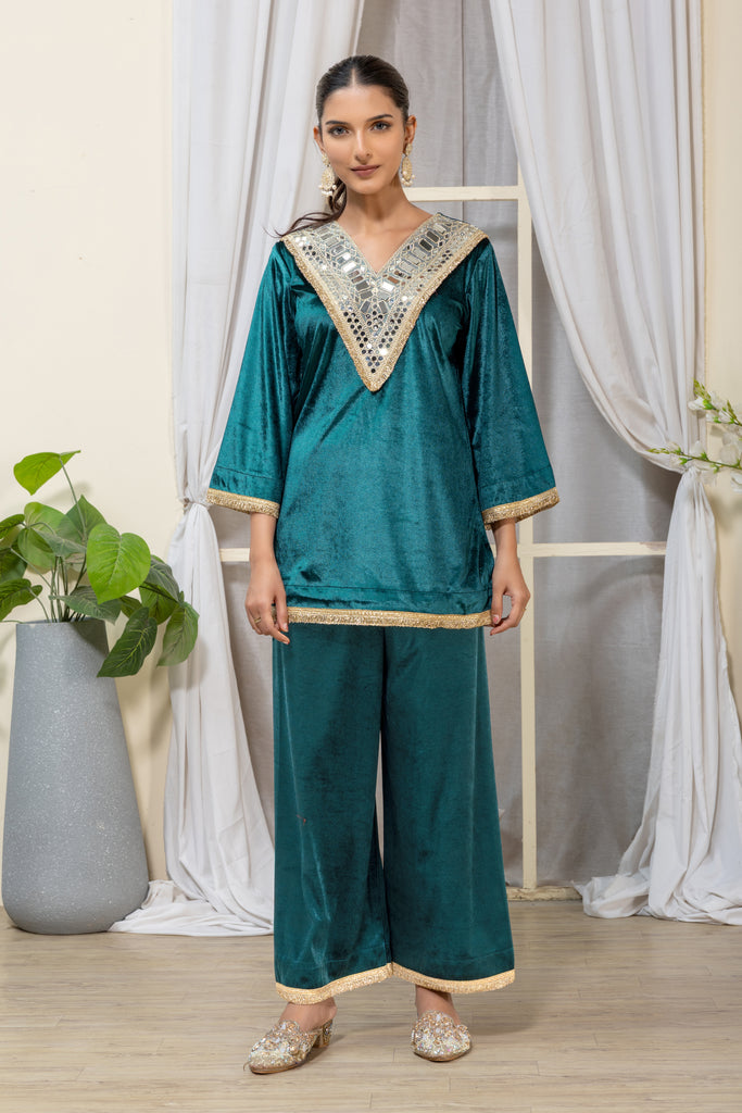 Teal Velvet Embellished Co-Ord Set