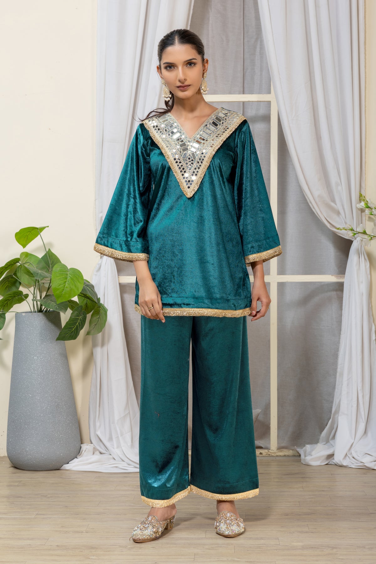 Teal Velvet Embellished Co-Ord Set