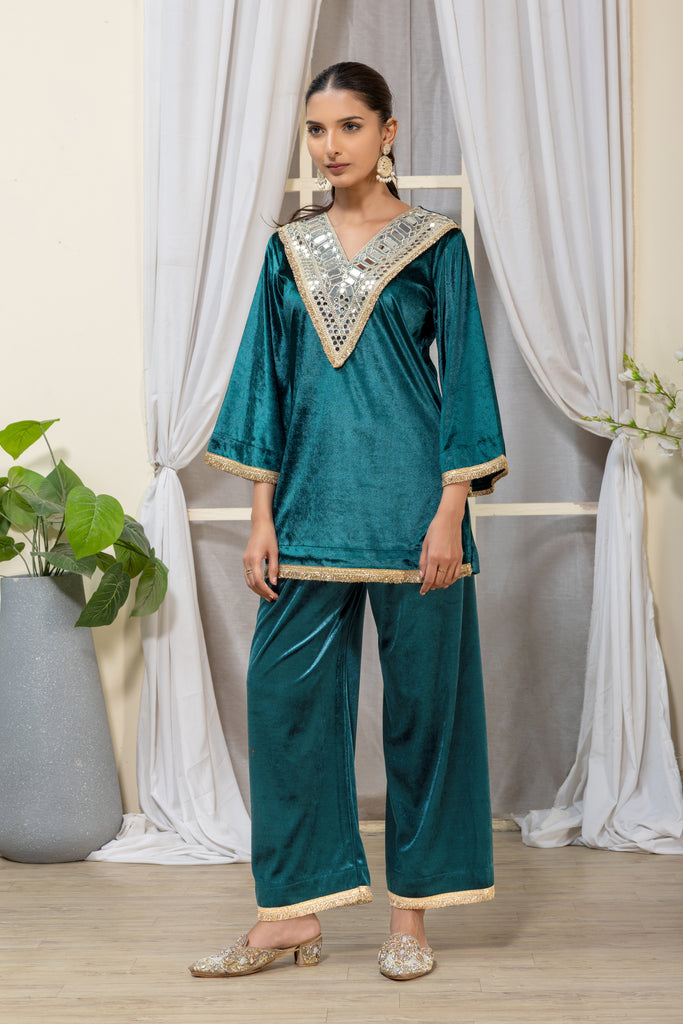 Teal Velvet Embellished Co-Ord Set