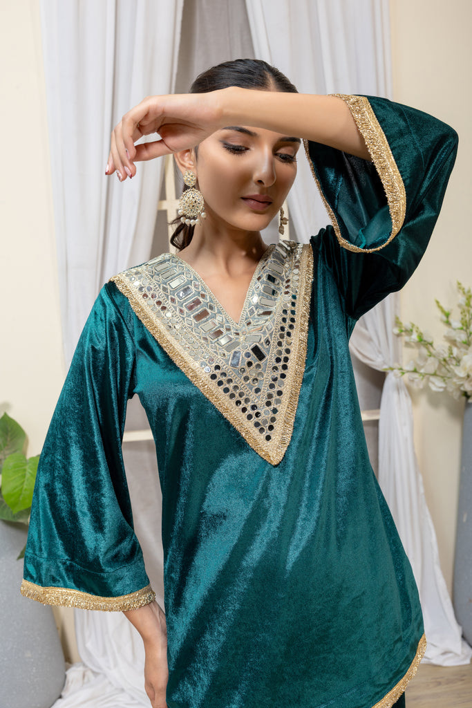 Teal Velvet Embellished Co-Ord Set