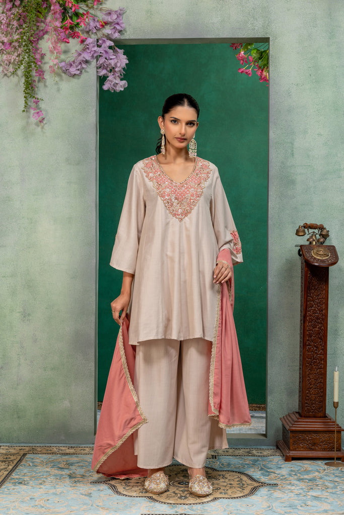 Ivory & Pink Kurta Palazzo Suit Set with Dupatta