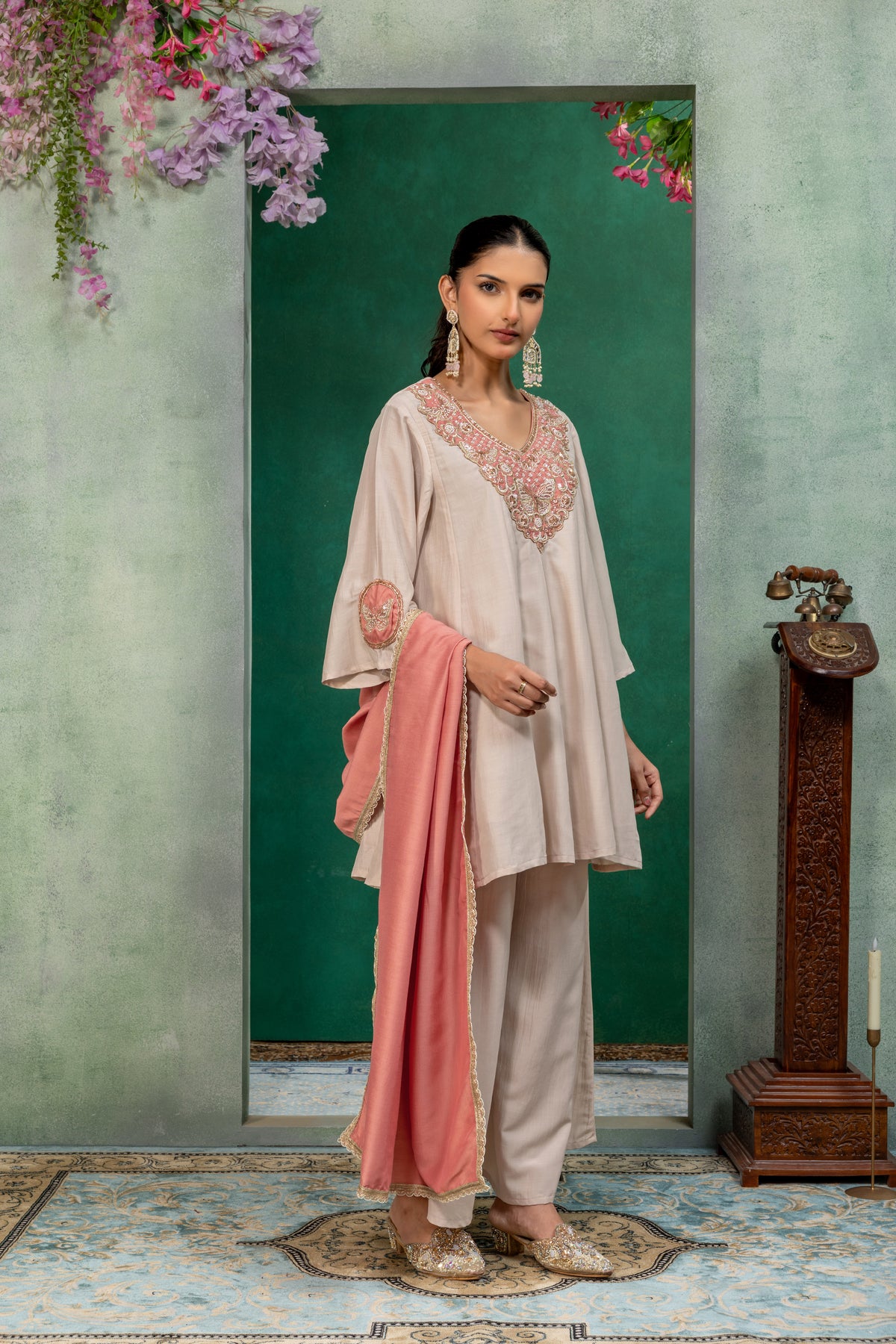 Ivory & Pink Kurta Palazzo Suit Set with Dupatta