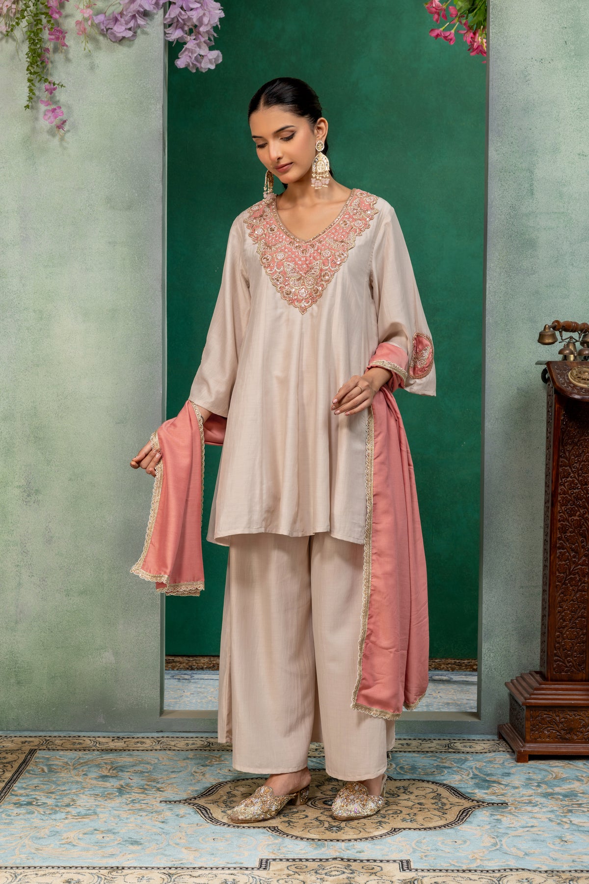 Ivory & Pink Kurta Palazzo Suit Set with Dupatta