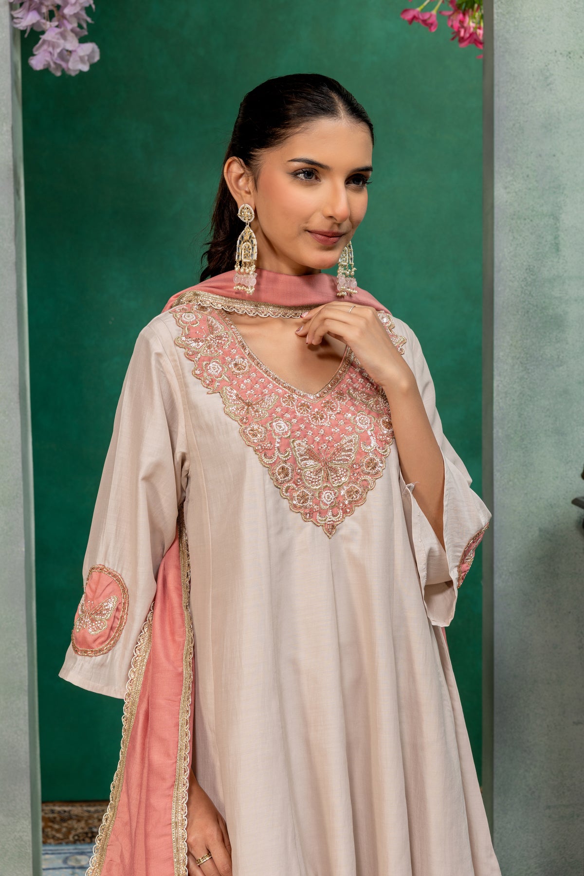 Ivory & Pink Kurta Palazzo Suit Set with Dupatta
