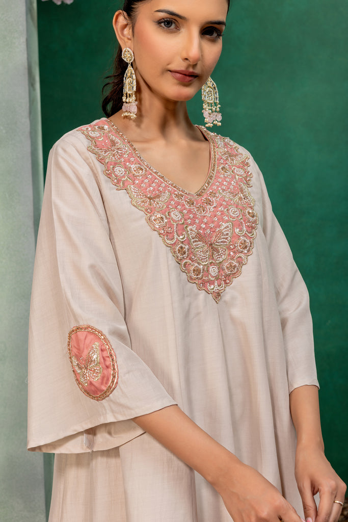 Ivory & Pink Kurta Palazzo Suit Set with Dupatta