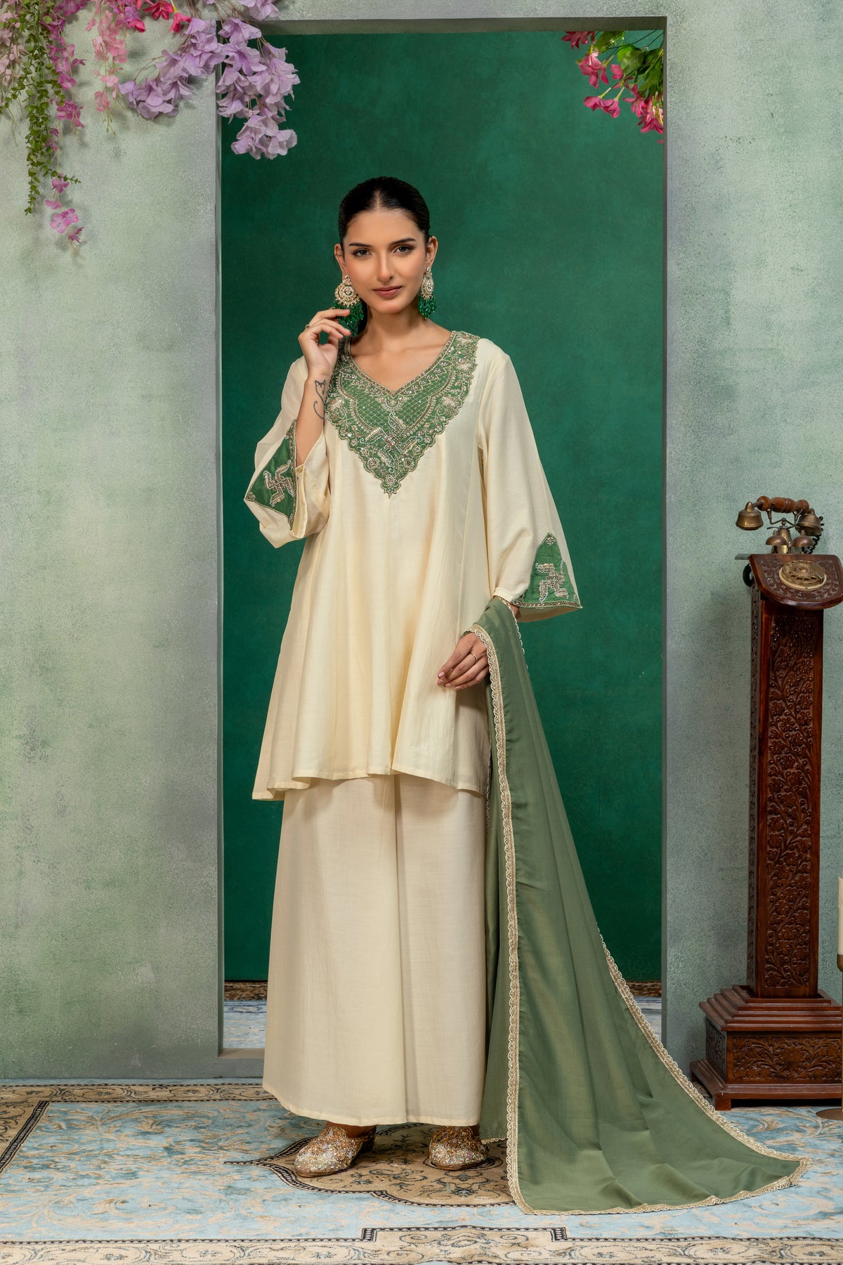 Ivory & Green Kurta Palazzo Suit Set with Dupatta