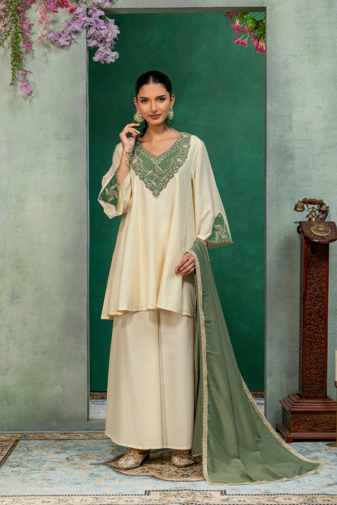 Ivory & Green Kurta Palazzo Suit Set with Dupatta