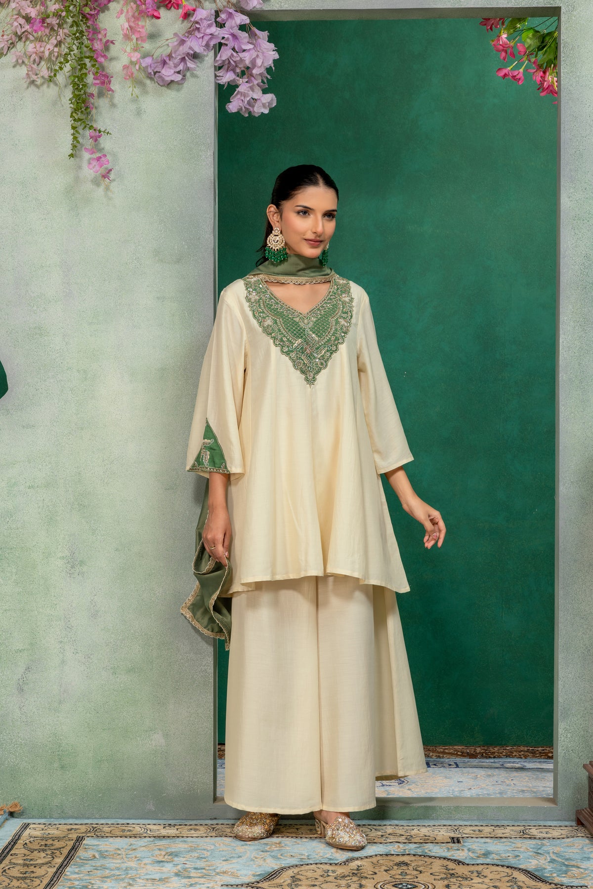 Ivory & Green Kurta Palazzo Suit Set with Dupatta