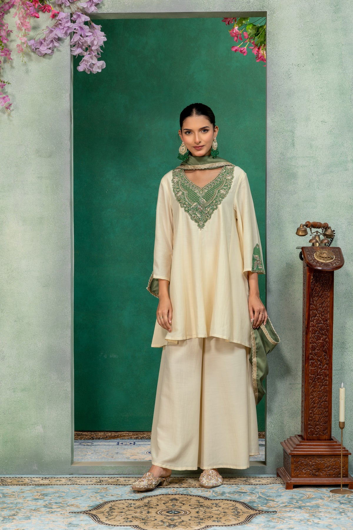 Ivory & Green Kurta Palazzo Suit Set with Dupatta