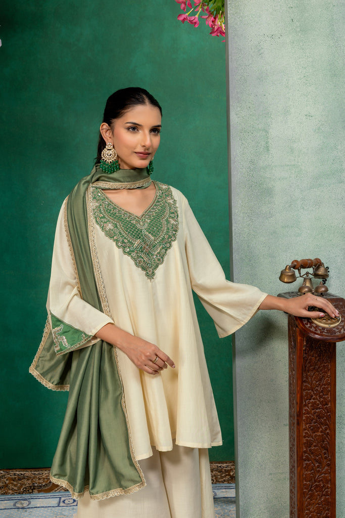 Ivory & Green Kurta Palazzo Suit Set with Dupatta