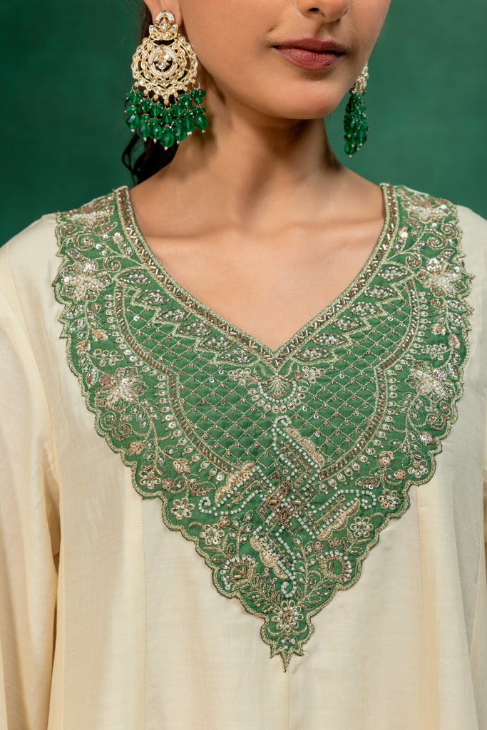 Ivory & Green Kurta Palazzo Suit Set with Dupatta