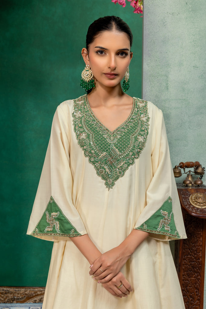 Ivory & Green Kurta Palazzo Suit Set with Dupatta
