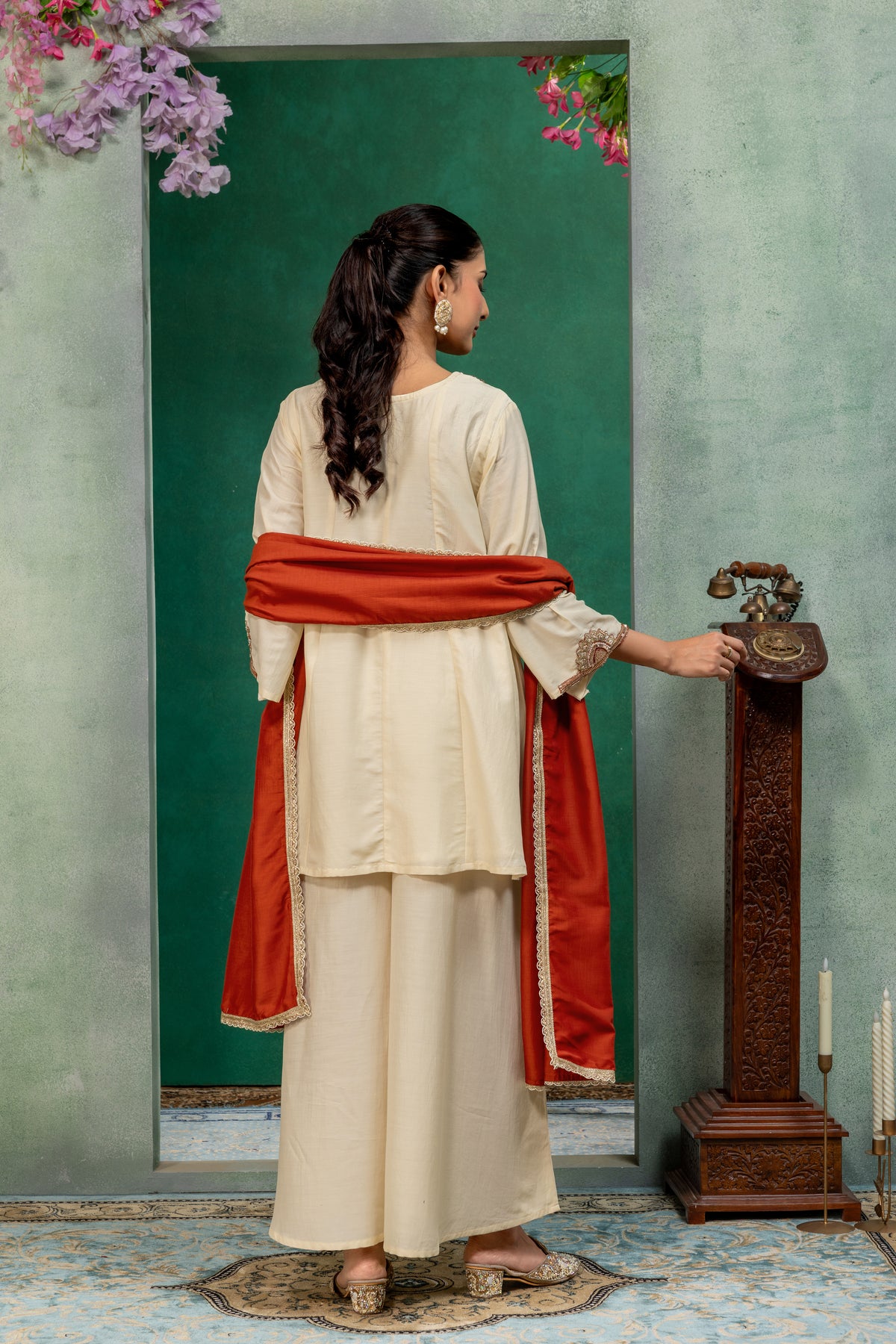 Ivory & Rust Orange Embellished Kurta Palazzo Suit Set with Dupatta
