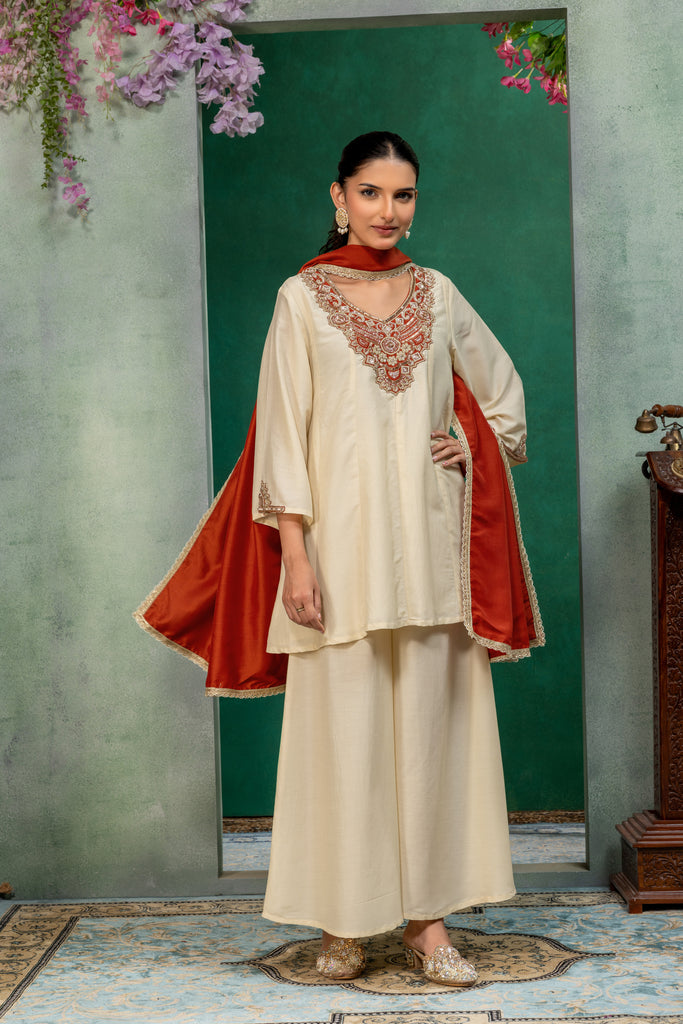 Ivory & Rust Orange Embellished Kurta Palazzo Suit Set with Dupatta