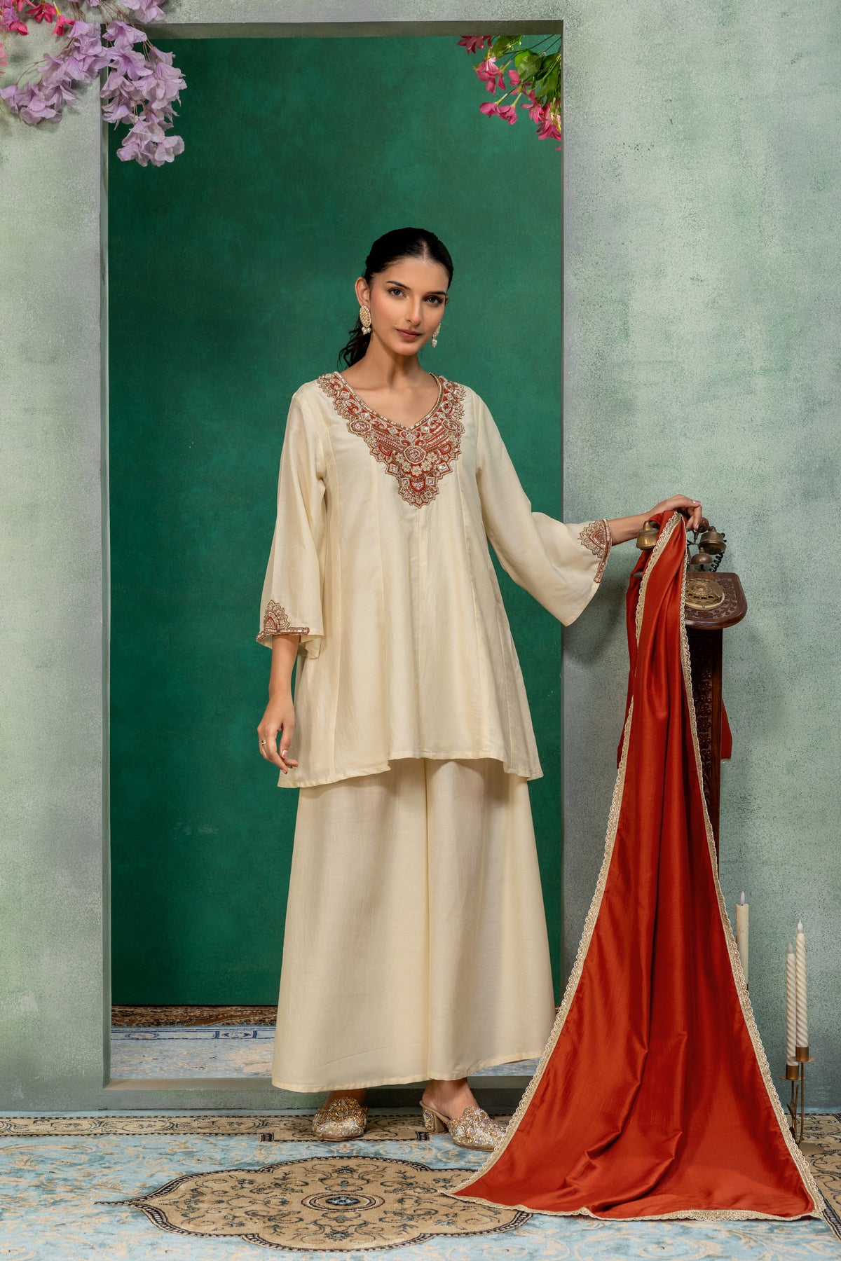 Ivory & Rust Orange Embellished Kurta Palazzo Suit Set with Dupatta