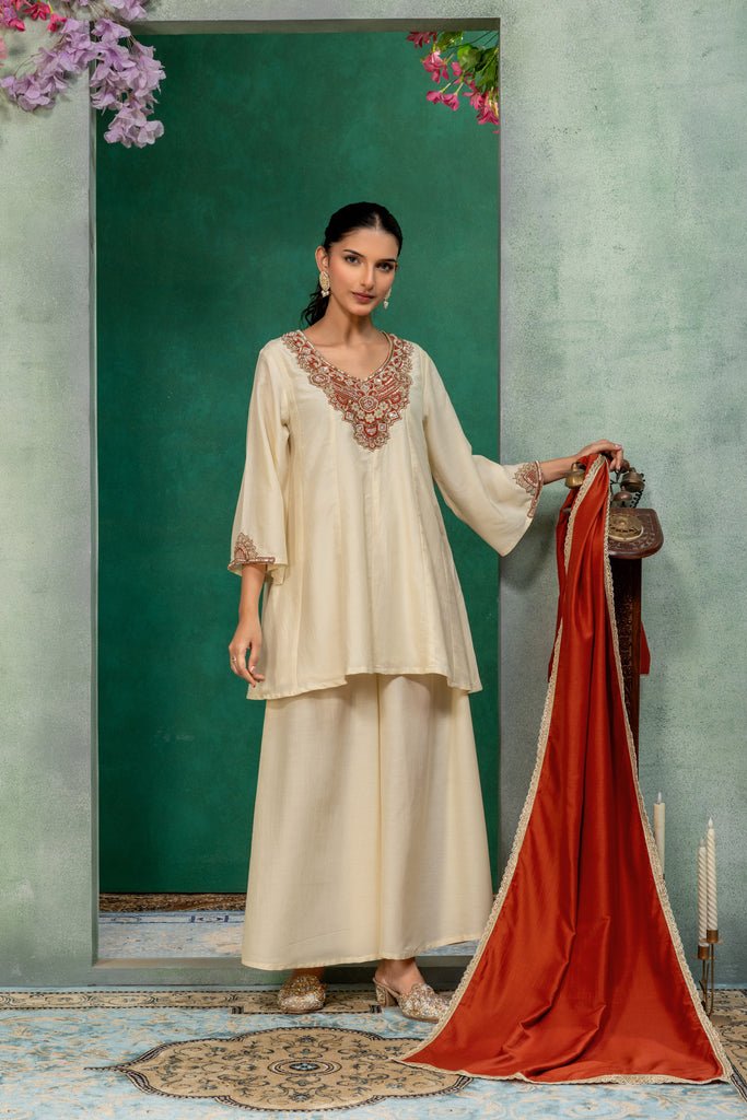Ivory & Rust Orange Embellished Kurta Palazzo Suit Set with Dupatta