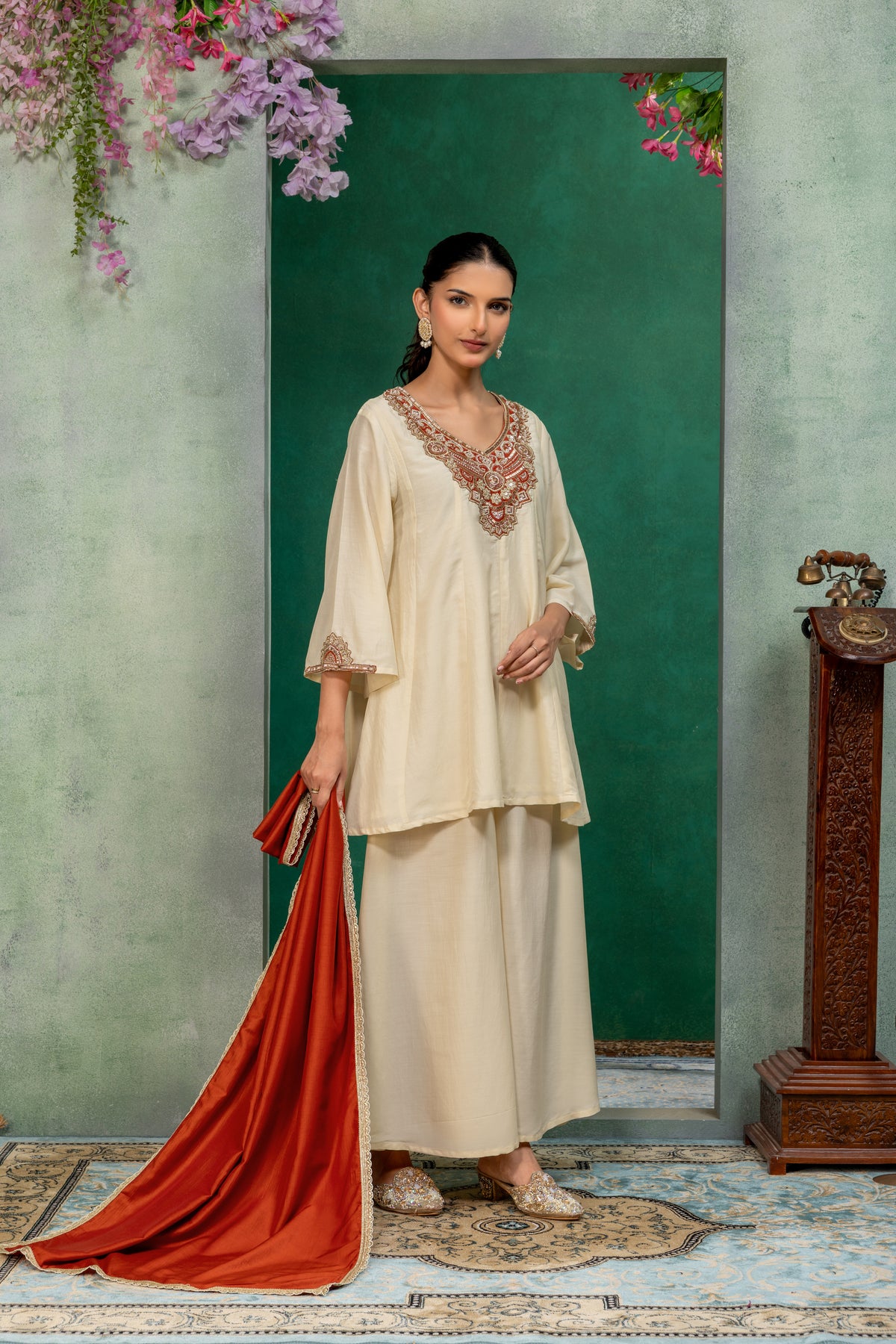 Ivory & Rust Orange Embellished Kurta Palazzo Suit Set with Dupatta