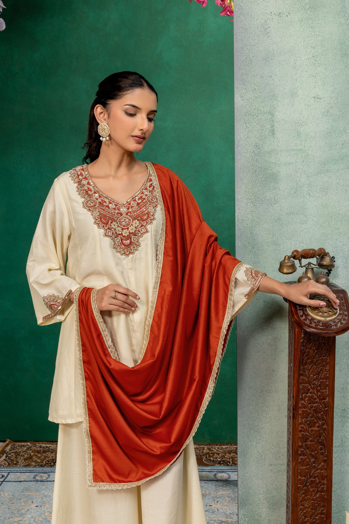 Ivory & Rust Orange Embellished Kurta Palazzo Suit Set with Dupatta