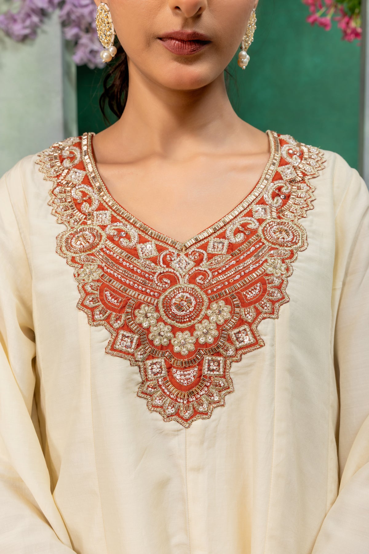 Ivory & Rust Orange Embellished Kurta Palazzo Suit Set with Dupatta