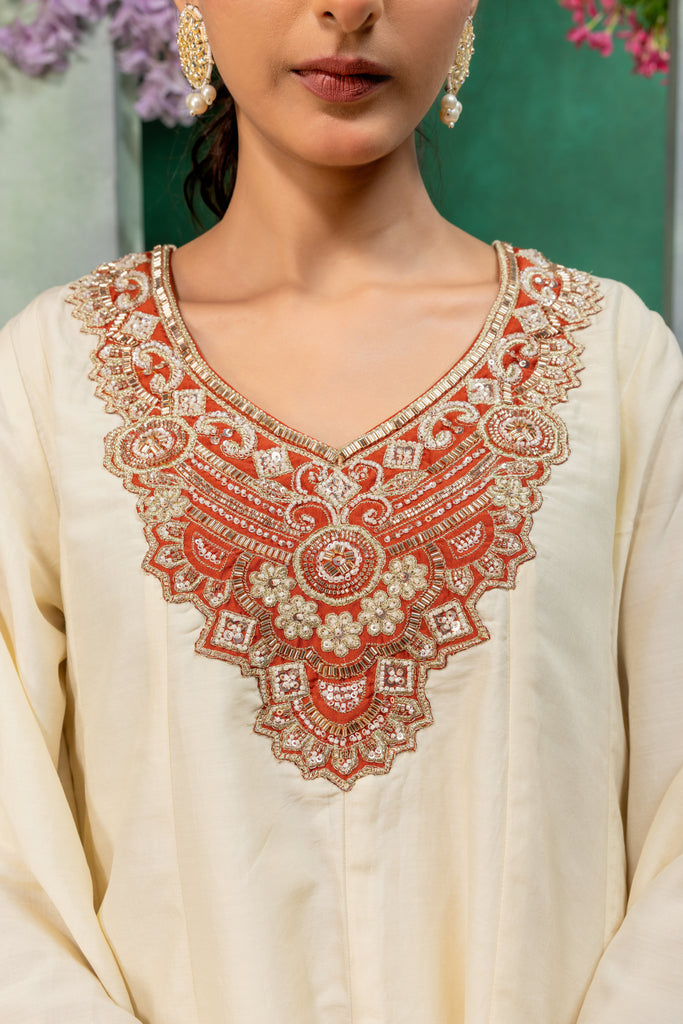 Ivory & Rust Orange Embellished Kurta Palazzo Suit Set with Dupatta