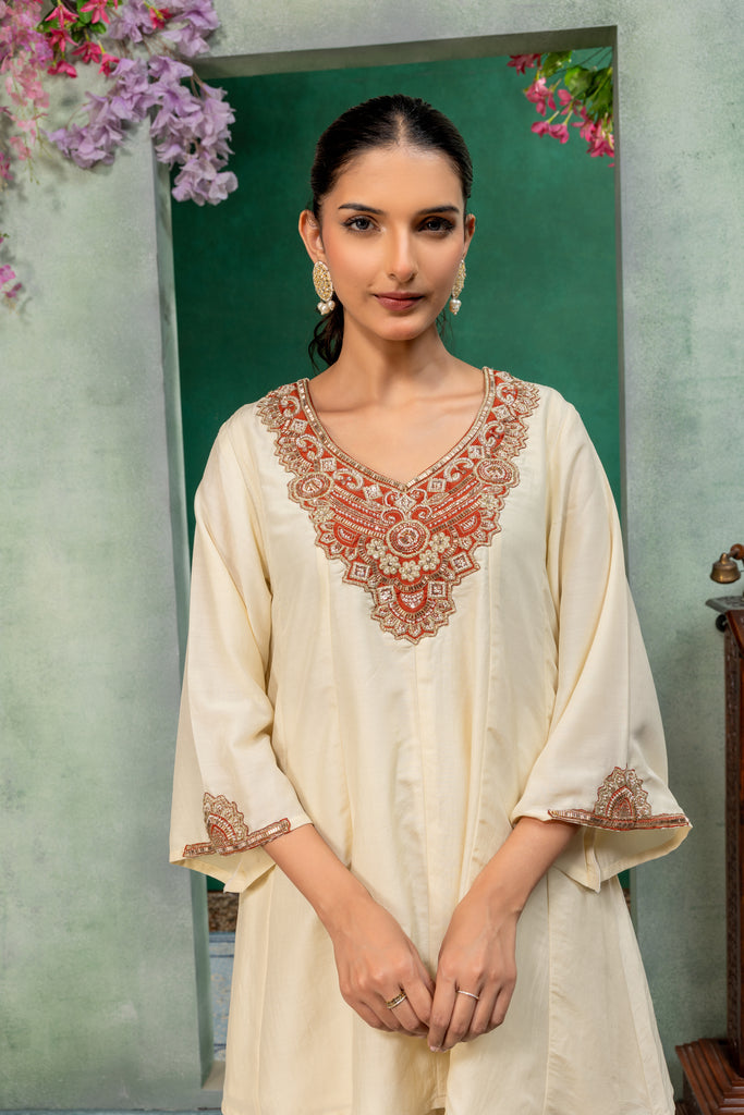 Ivory & Rust Orange Embellished Kurta Palazzo Suit Set with Dupatta